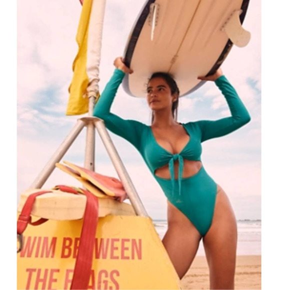New Free People Stone Fox Ulu Surf One-Piece $220 LARGE Verdigris BLUE/GREEN
